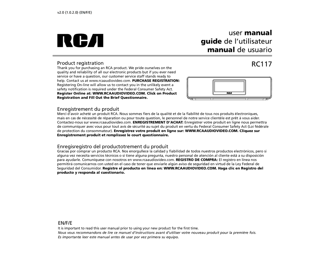 RCA RC117 warranty Guide de l’utilisateur 