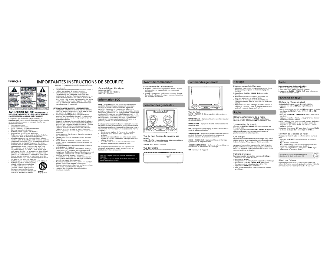 RCA RC117 warranty Avant de commencer, Commandes générales Horloge, Radio, Information FCC, Fonction de réveil 