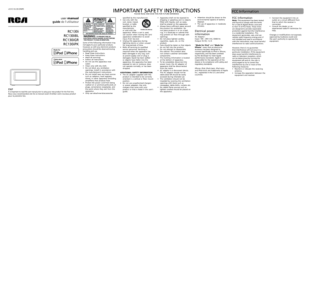 RCA RC130IBL, RC130IGR user manual FCC Information RC130i RC130iBL RC130iGR RC130iPK, Electrical power information 