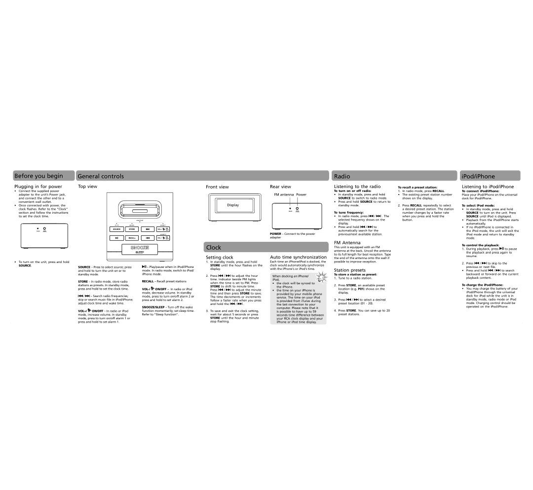 RCA RC130IGR, RC130IBL, RC130IPK user manual General controls, Clock, Radio, IPod/iPhone 