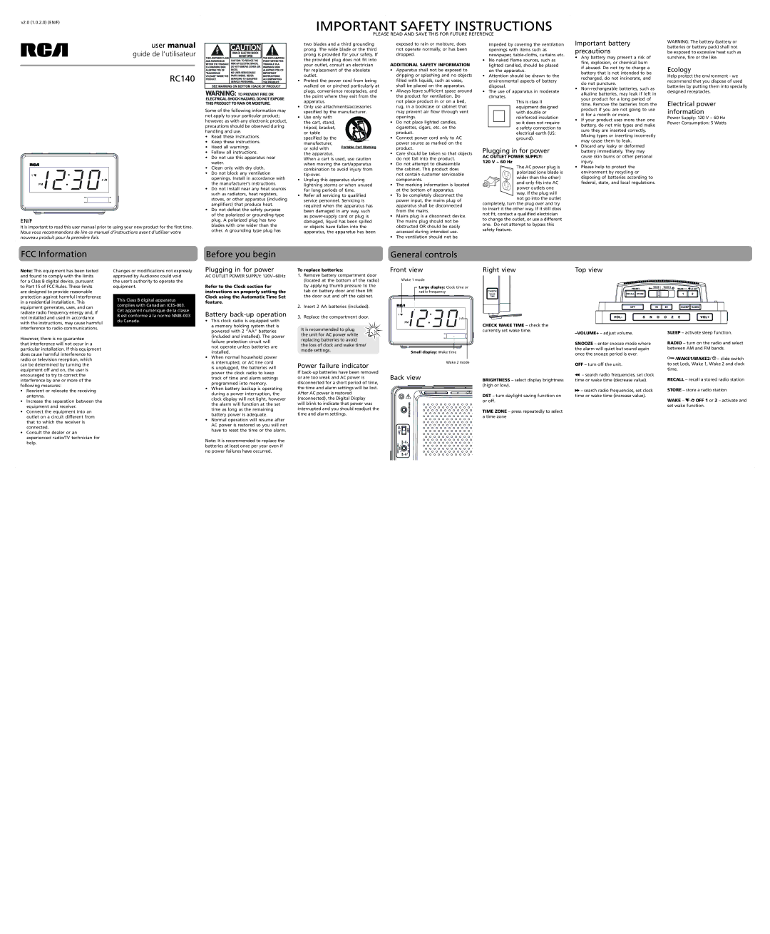 RCA RC140 user manual FCC Information, Before you begin, General controls 