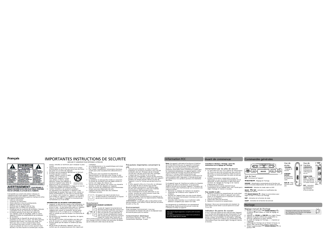 RCA RC141 user manual Information FCC Avant de commencer Commandes générales, Horloge 