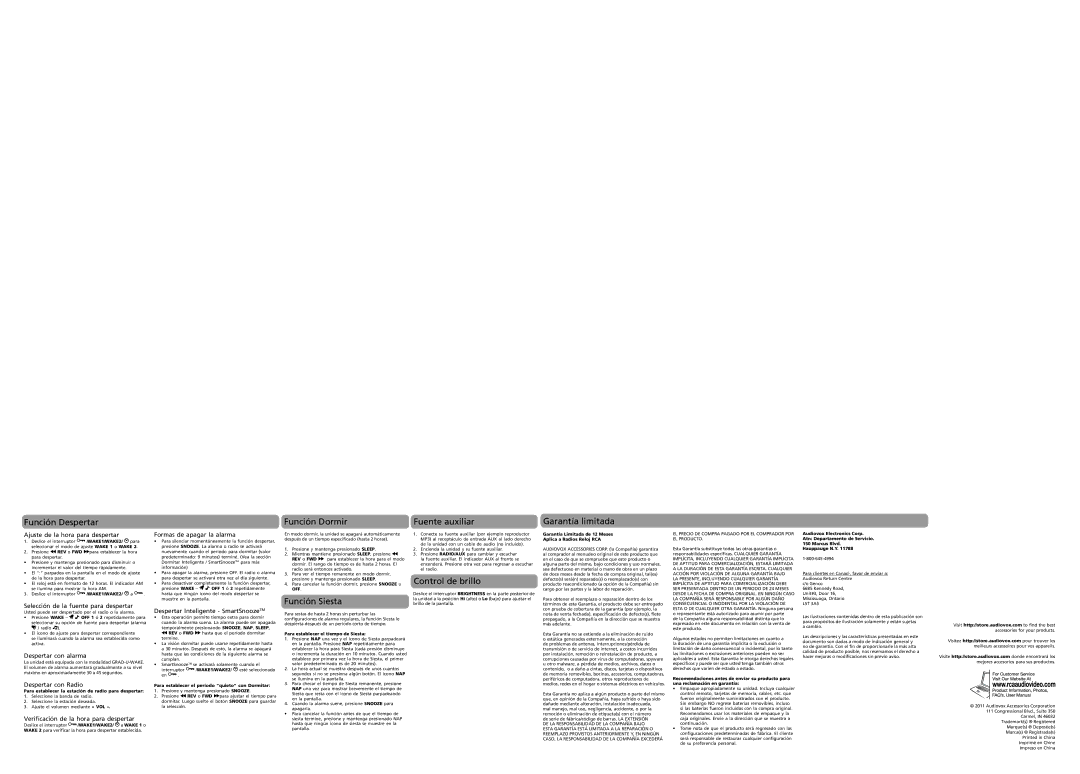 RCA RC141 user manual Fonction de sieste, Garantie limitée, Fonction de réveil, Fonction de sommeil, Source auxiliaire 