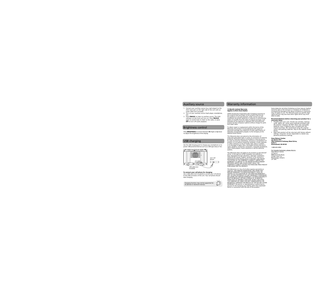 RCA RC142 user manual Auxiliary source, Brightness control, USB charging, Warranty information 