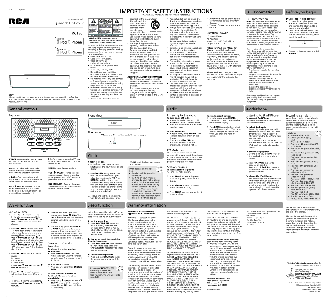 RCA RC150I user manual FCC Information Before you begin RC150i, General controls Radio IPod/iPhone, Clock 