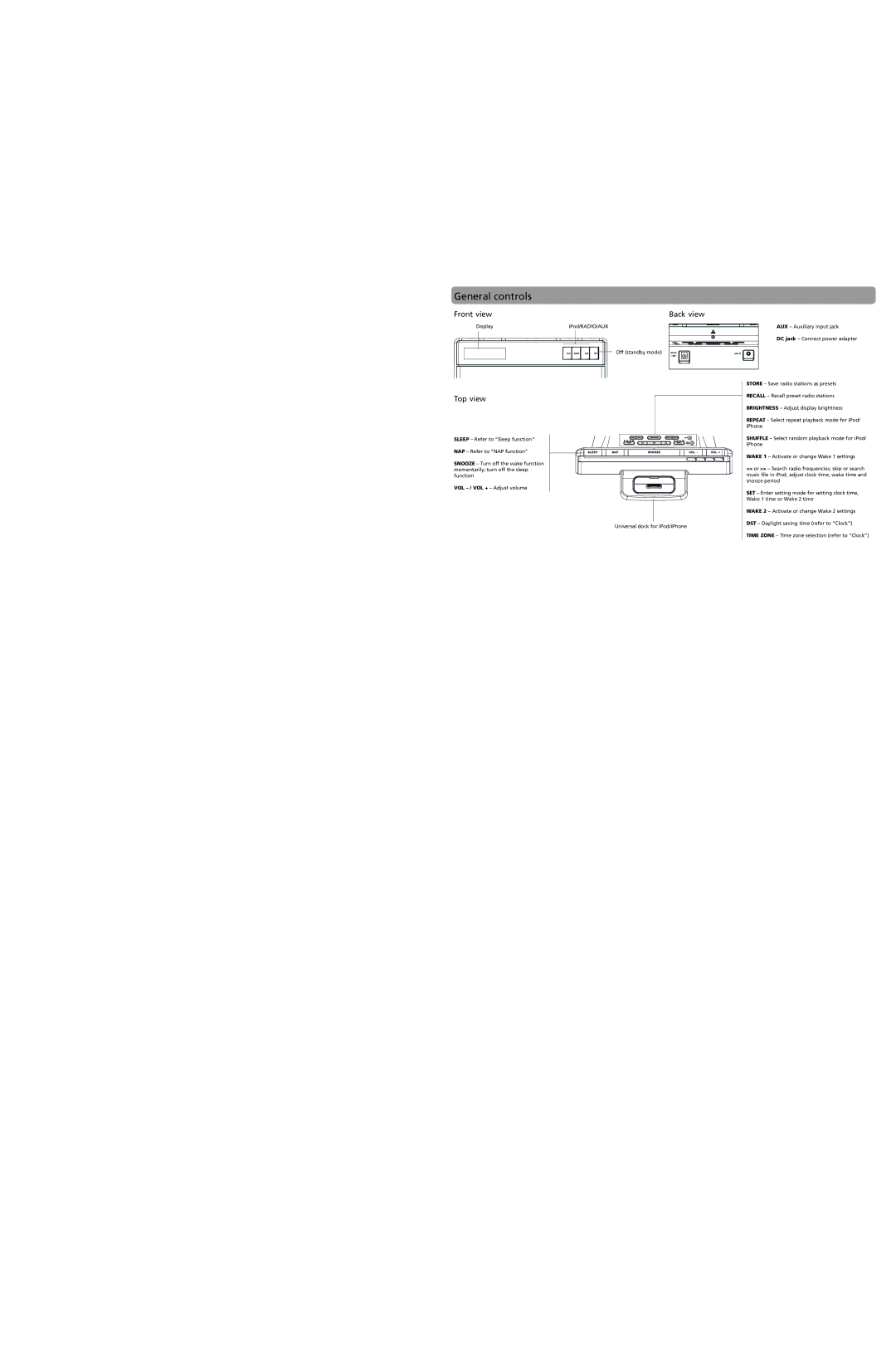 RCA RC170I user manual General controls, Front view Back view, Top view 