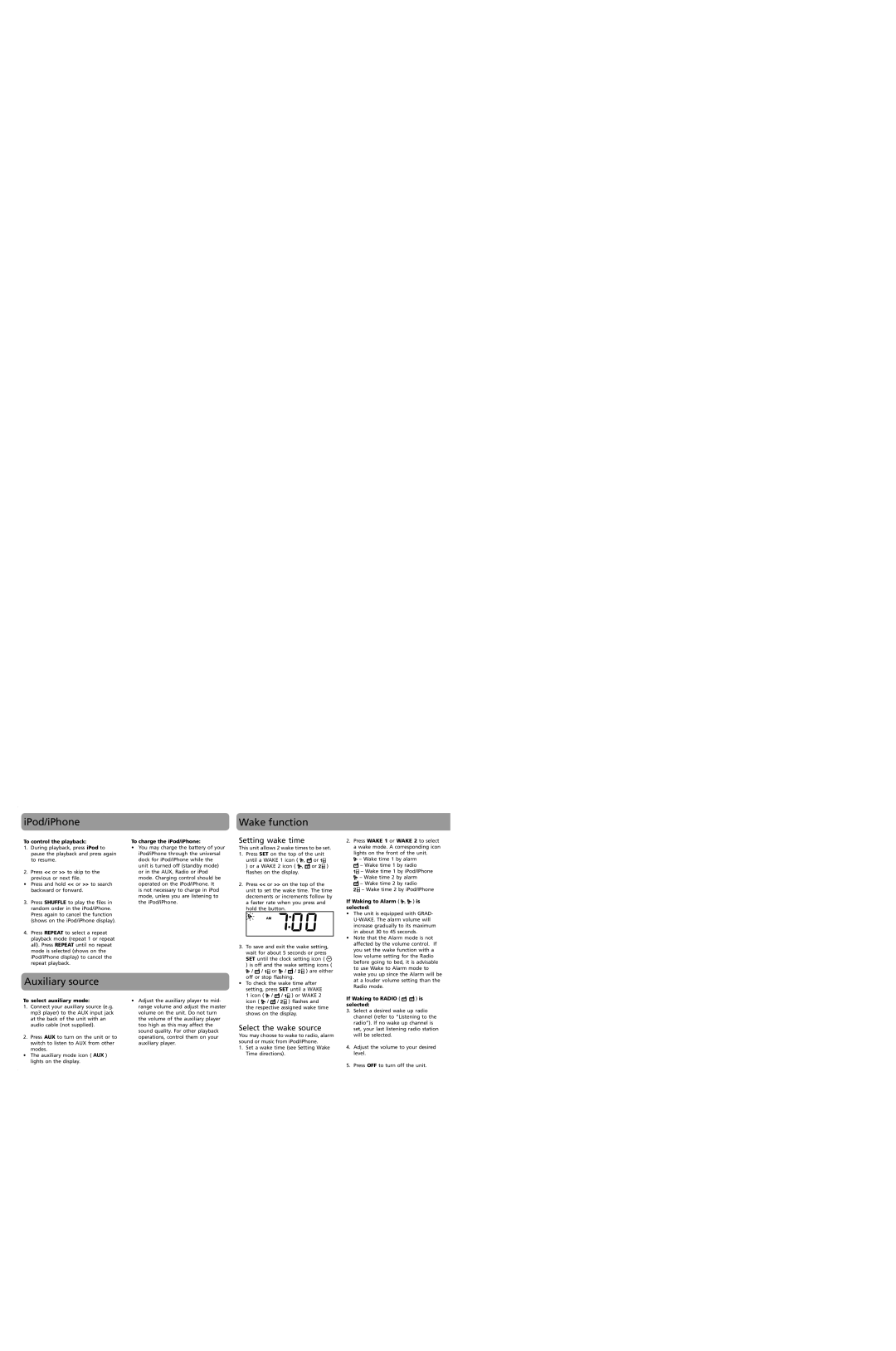 RCA RC170I user manual Auxiliary source, Wake function, Setting wake time, Select the wake source 