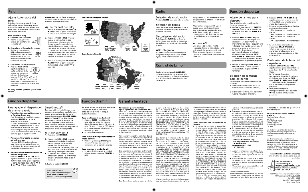 RCA RC40R user manual Reloj, Control de brillo, Función despertar, Función dormir, Garantía limitada 