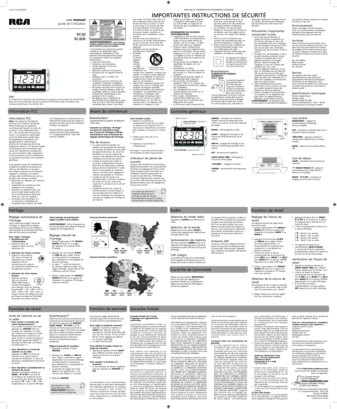 RCA RC40R Information FCC Avant de commencer Contrôles généraux, Horloge, Contrôle de luminosité, Fonction de réveil 