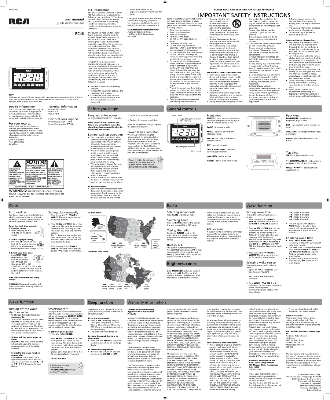 RCA RC46 user manual Before you begin, General controls, Clock, Radio, Brightness control, Wake function 