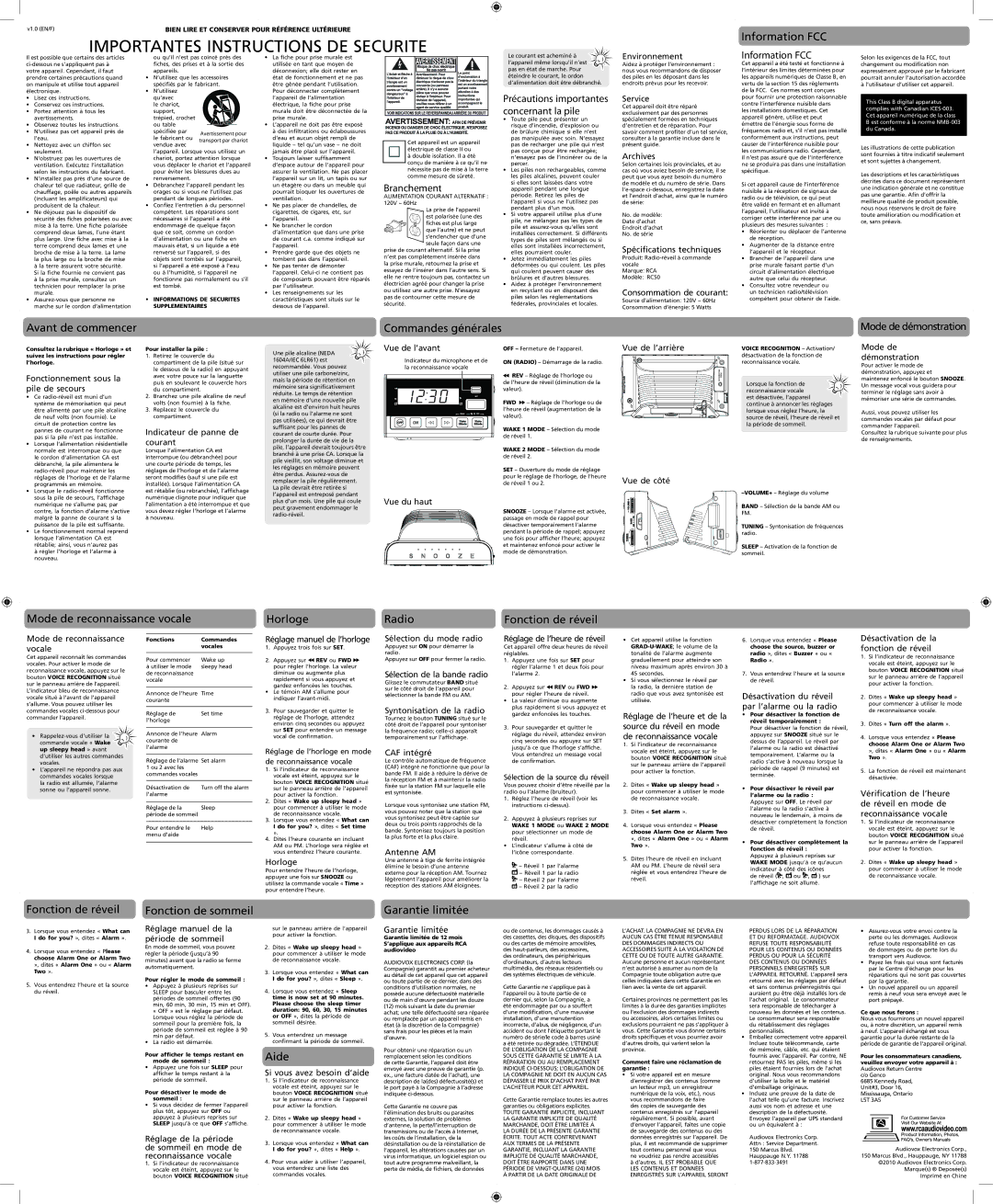 RCA RC50 user manual Information FCC, Avant de commencer Commandes générales, Fonction de sommeil, Aide, Garantie limitée 