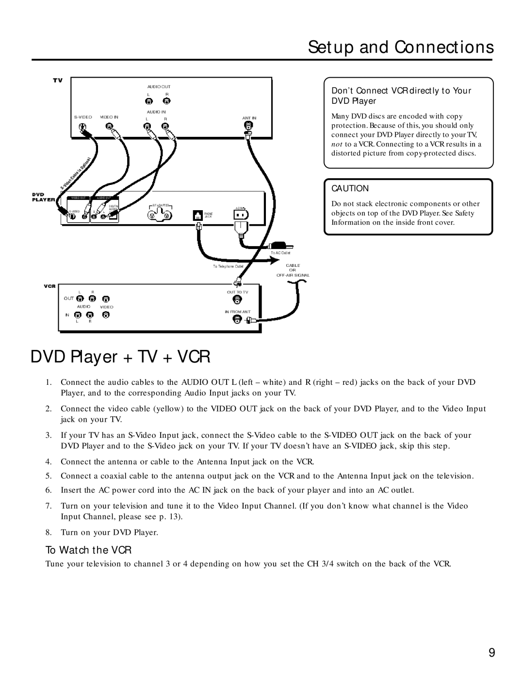 RCA RC5220P manual DVD Player + TV + VCR, To Watch the VCR, Don’t Connect VCR directly to Your DVD Player 