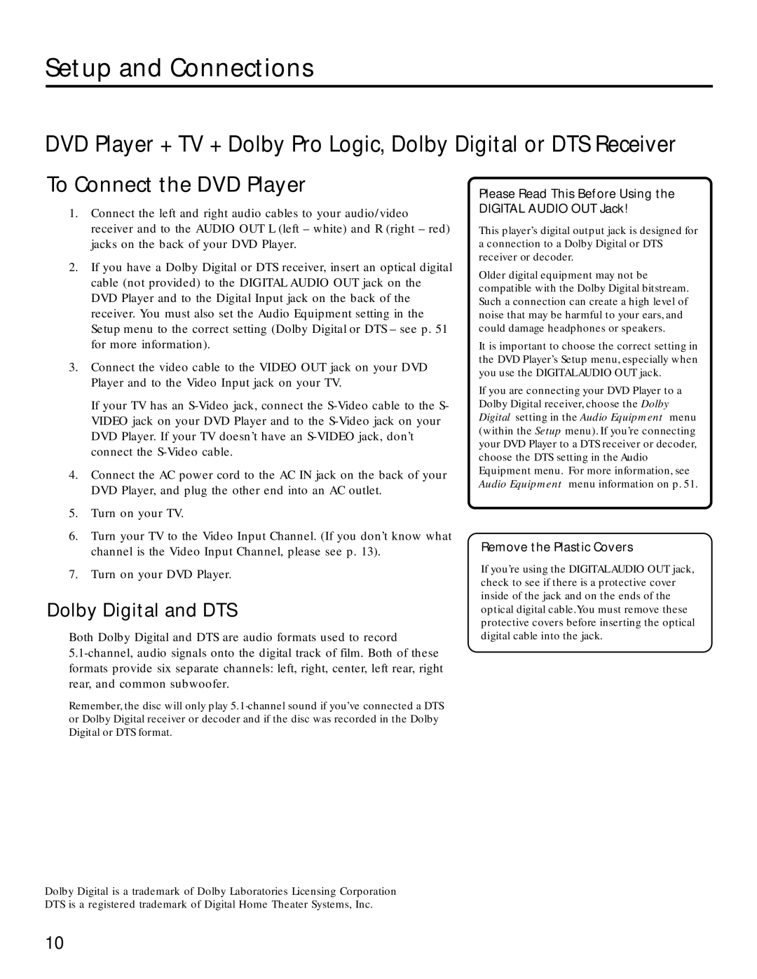 RCA RC5220P To Connect the DVD Player, Dolby Digital and DTS, Please Read This Before Using the Digital Audio OUT Jack 