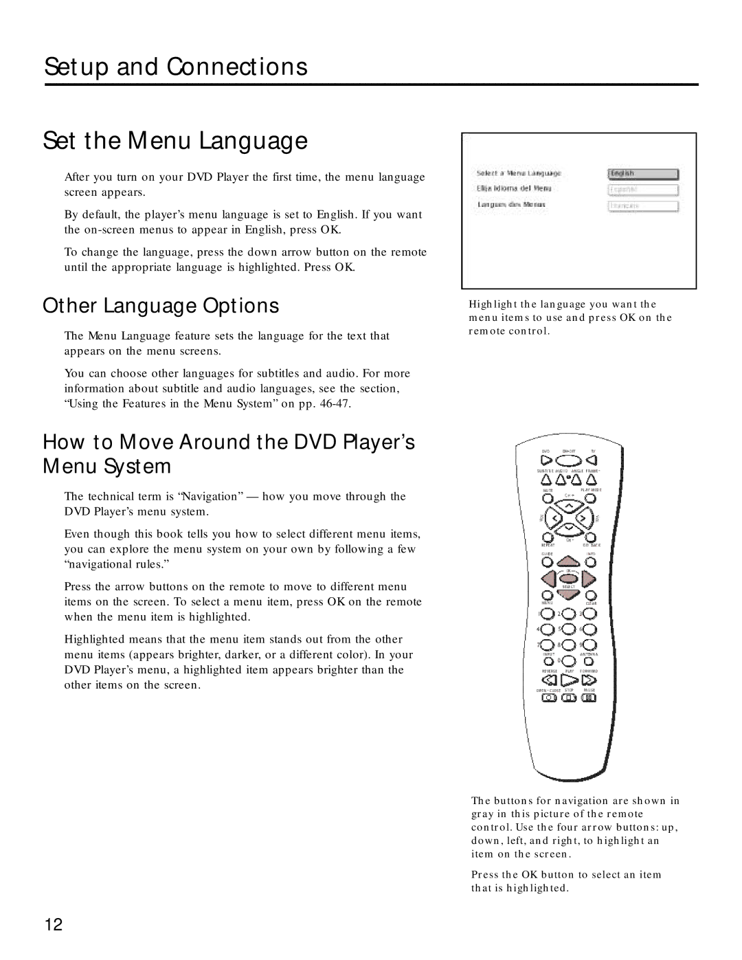 RCA RC5220P manual Setup and Connections Set the Menu Language, Other Language Options 