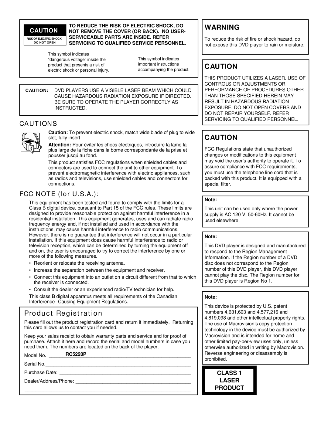 RCA RC5220P manual Product Registration 