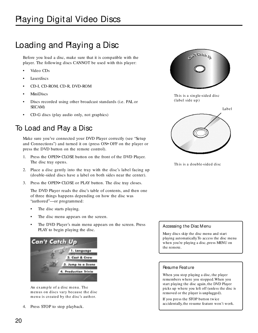 RCA RC5220P manual Playing Digital Video Discs Loading and Playing a Disc, To Load and Play a Disc, Accessing the Disc Menu 