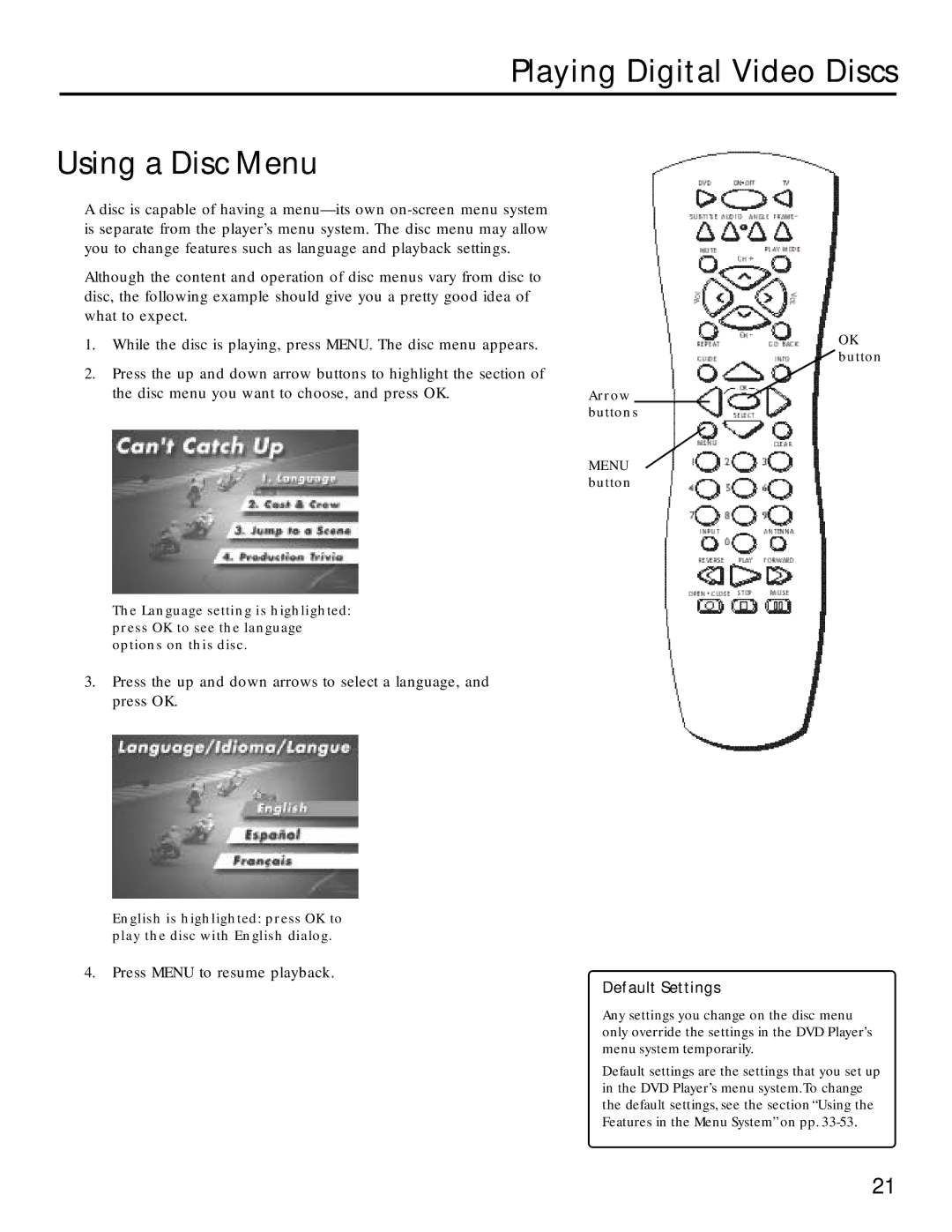 RCA RC5220P manual Playing Digital Video Discs Using a Disc Menu, Default Settings 