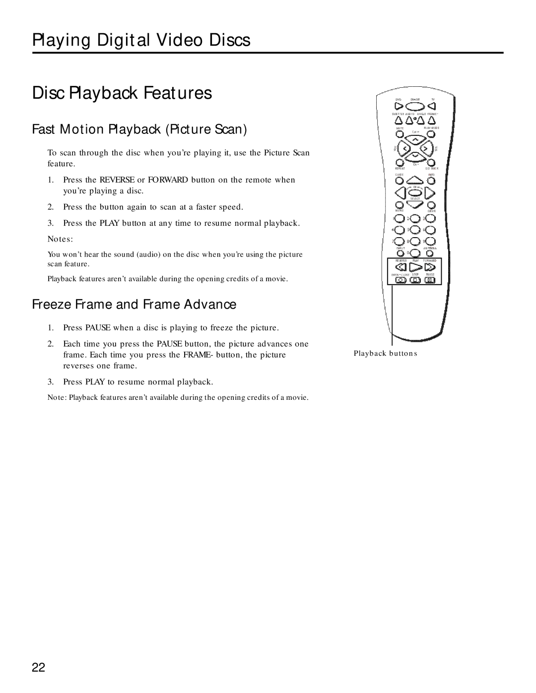 RCA RC5220P manual Playing Digital Video Discs Disc Playback Features, Fast Motion Playback Picture Scan 