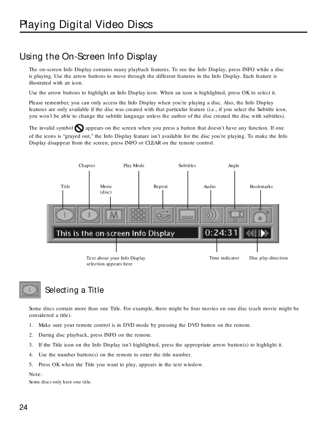 RCA RC5220P manual Using the On-Screen Info Display, Selecting a Title 