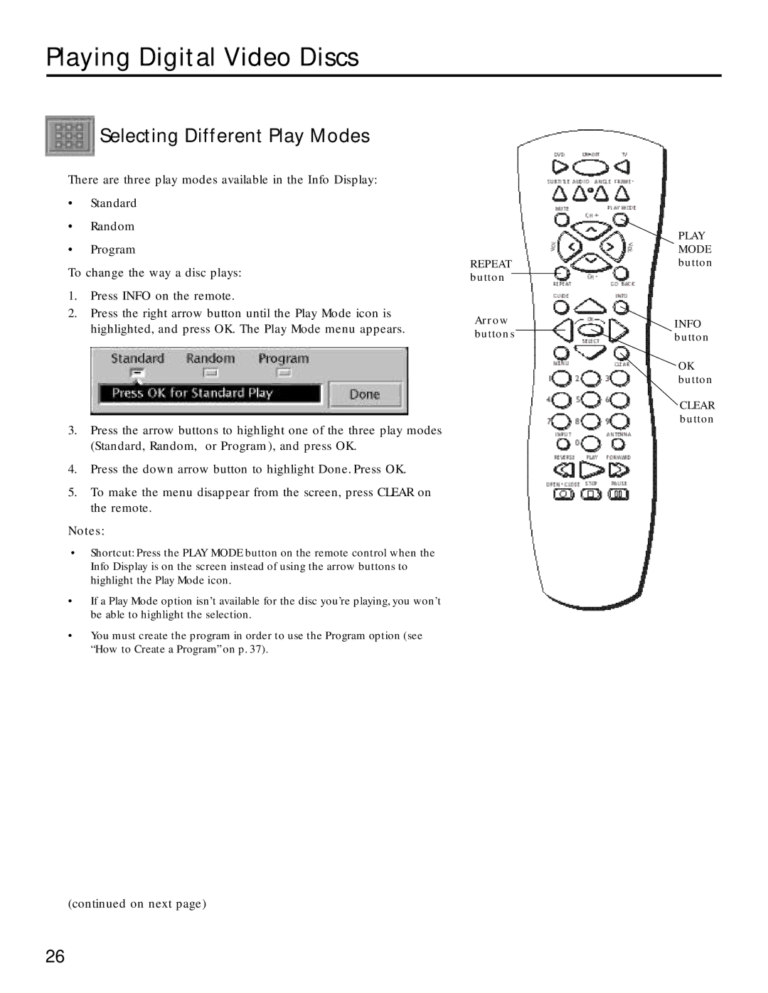 RCA RC5220P manual Selecting Different Play Modes 