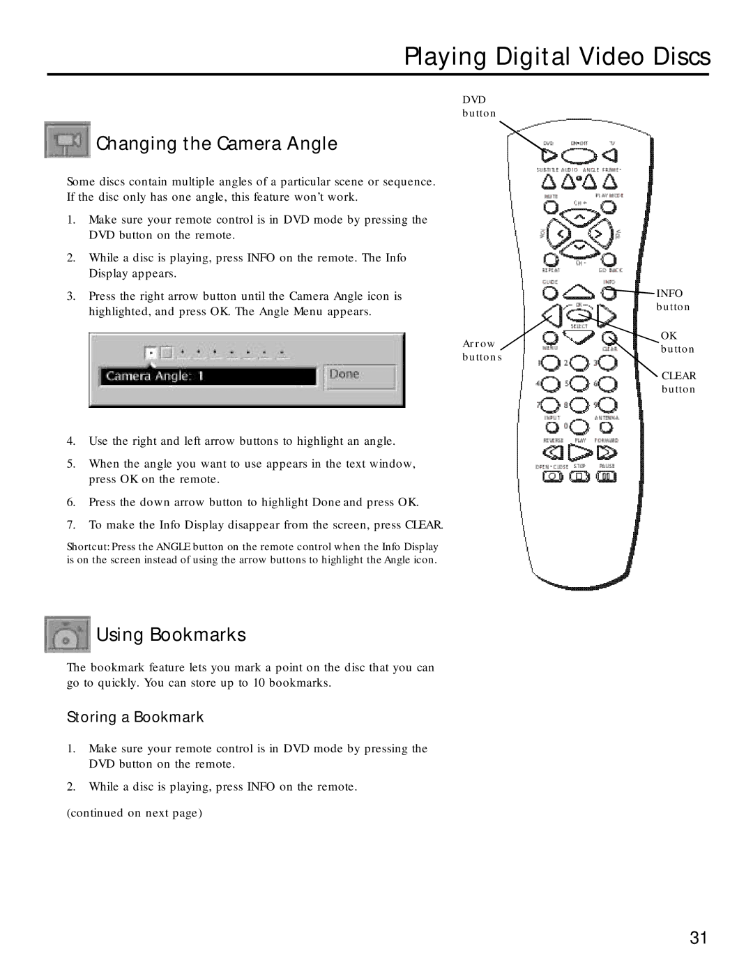 RCA RC5220P manual Changing the Camera Angle, Using Bookmarks, Storing a Bookmark 