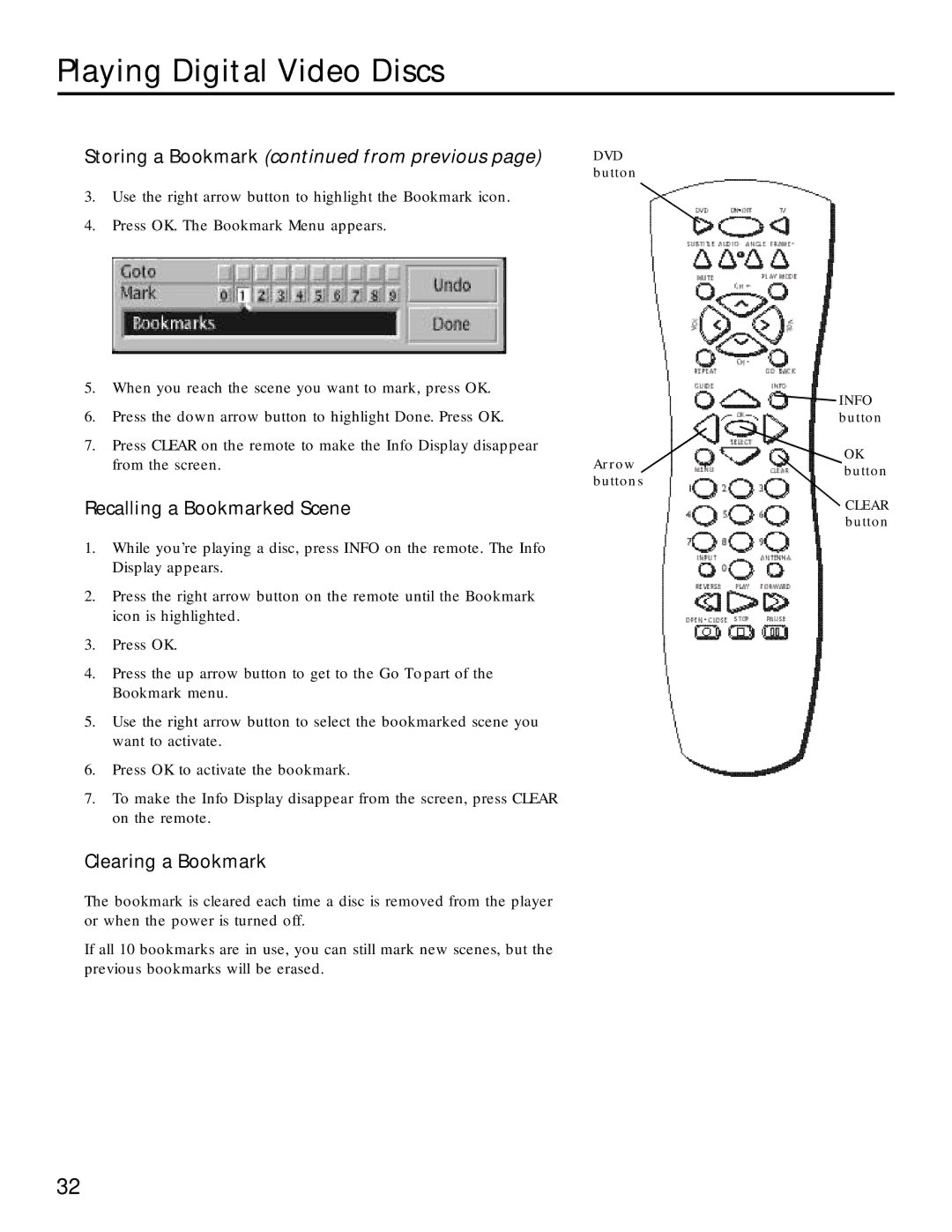 RCA RC5220P manual Recalling a Bookmarked Scene, Clearing a Bookmark 