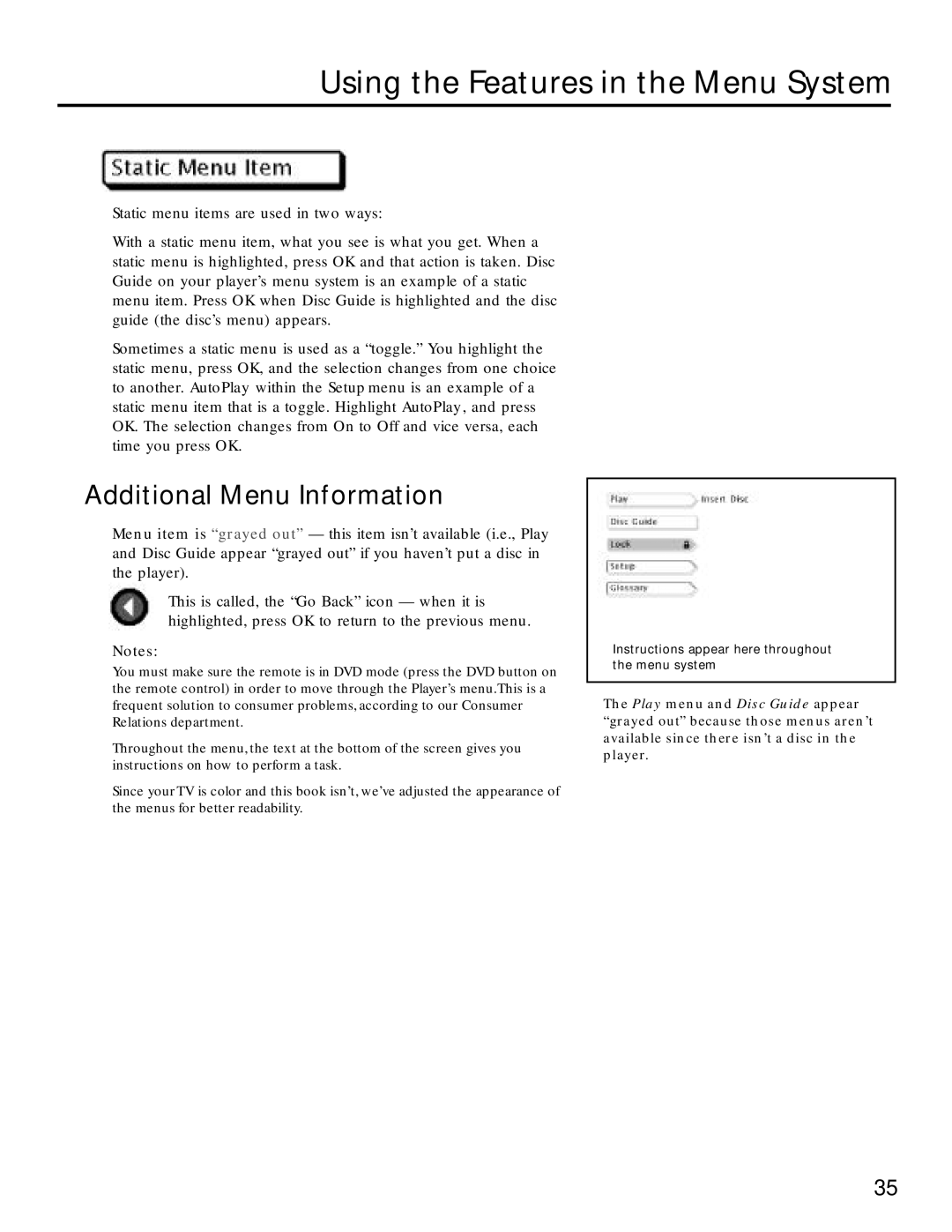 RCA RC5220P manual Using the Features in the Menu System, Additional Menu Information 