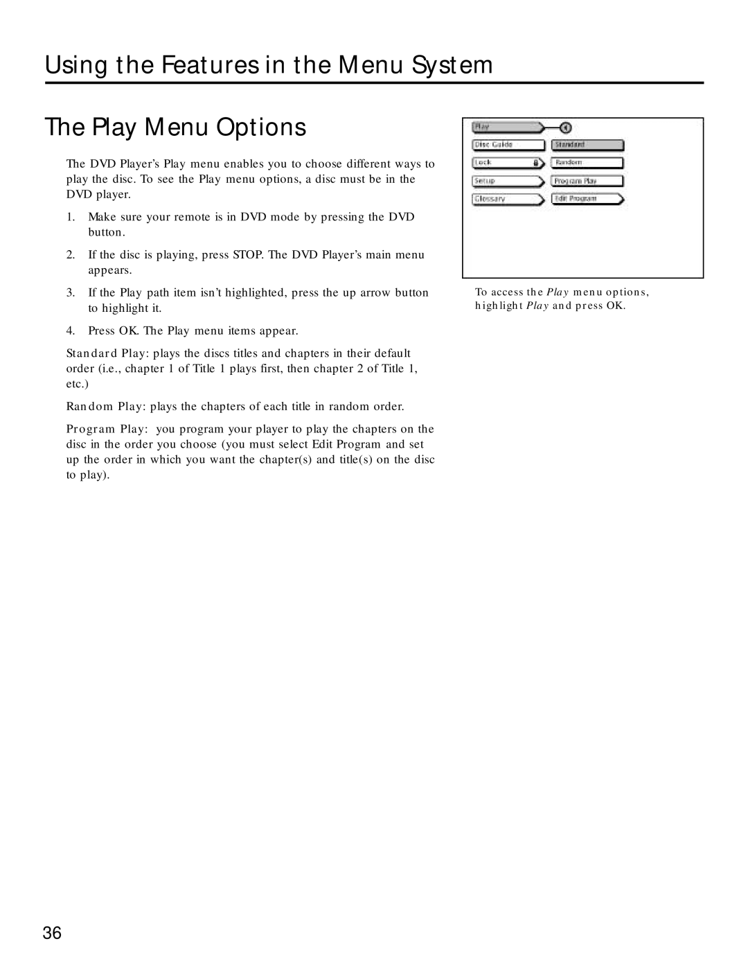 RCA RC5220P manual Using the Features in the Menu System Play Menu Options 