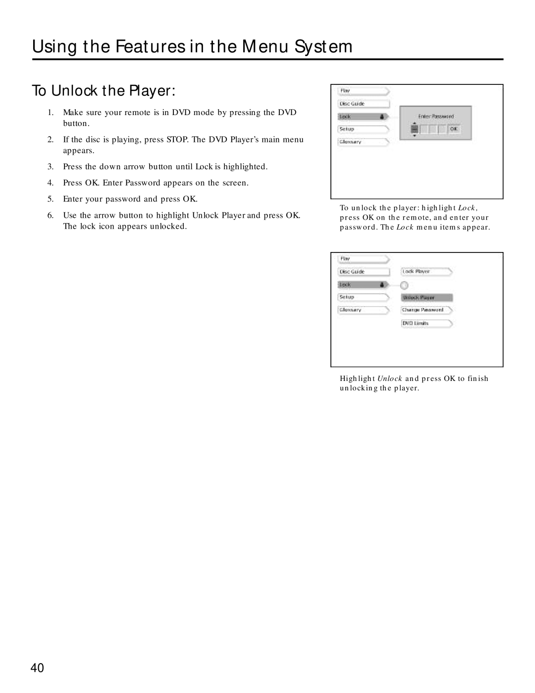 RCA RC5220P manual Using the Features in the Menu System, To Unlock the Player 