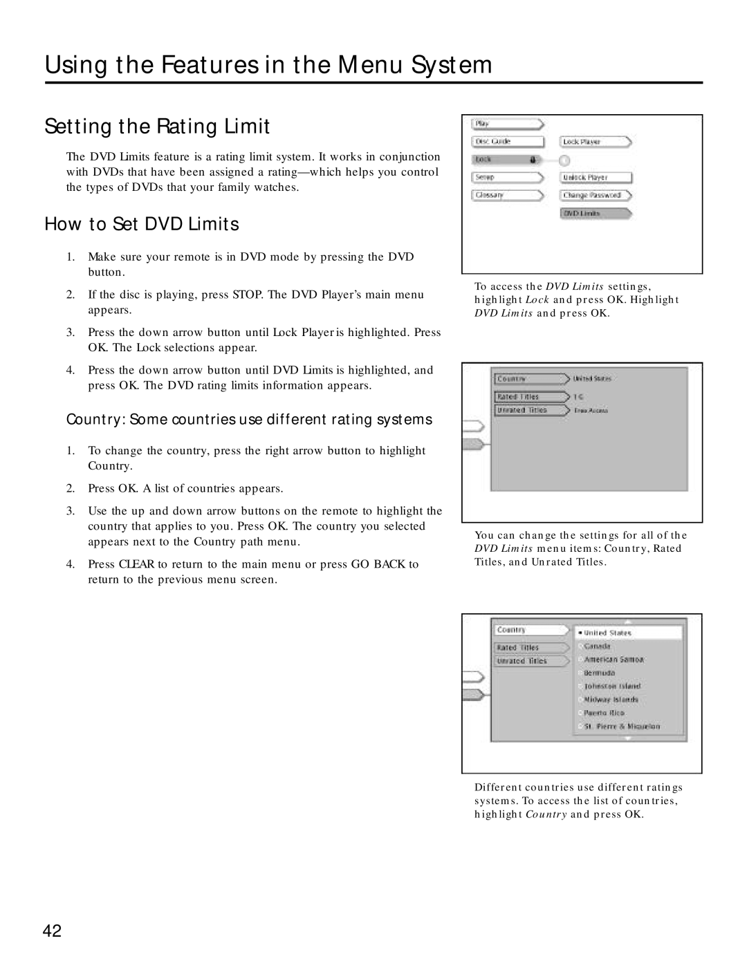 RCA RC5220P manual Setting the Rating Limit, How to Set DVD Limits, Country Some countries use different rating systems 