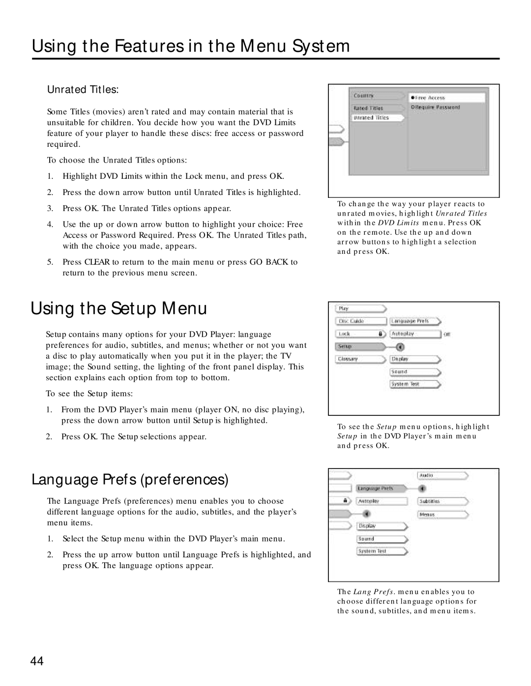 RCA RC5220P manual Using the Setup Menu, Language Prefs preferences, Unrated Titles 