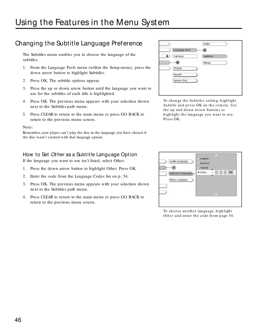 RCA RC5220P manual Changing the Subtitle Language Preference, How to Set Other as a Subtitle Language Option 