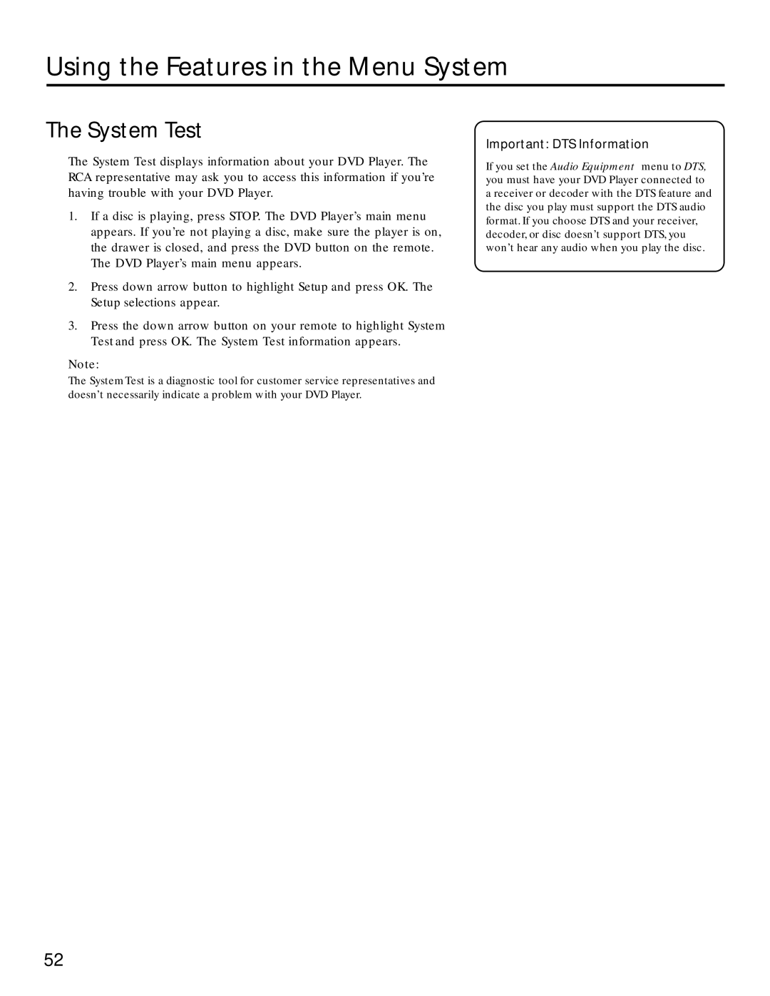 RCA RC5220P manual System Test, Important DTS Information 