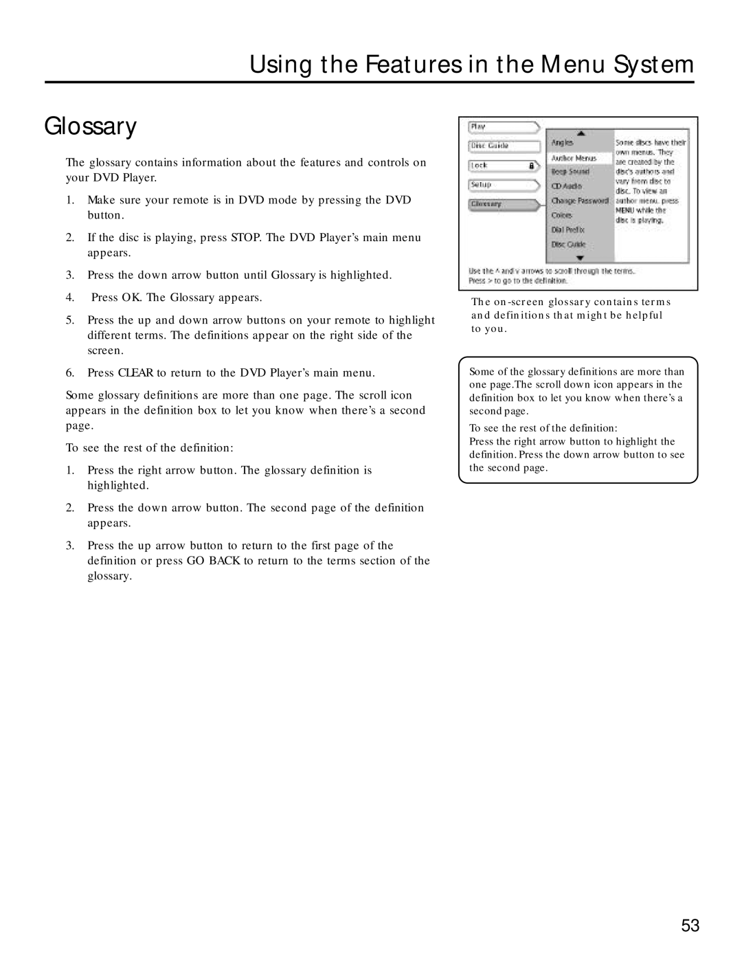 RCA RC5220P manual Using the Features in the Menu System Glossary 