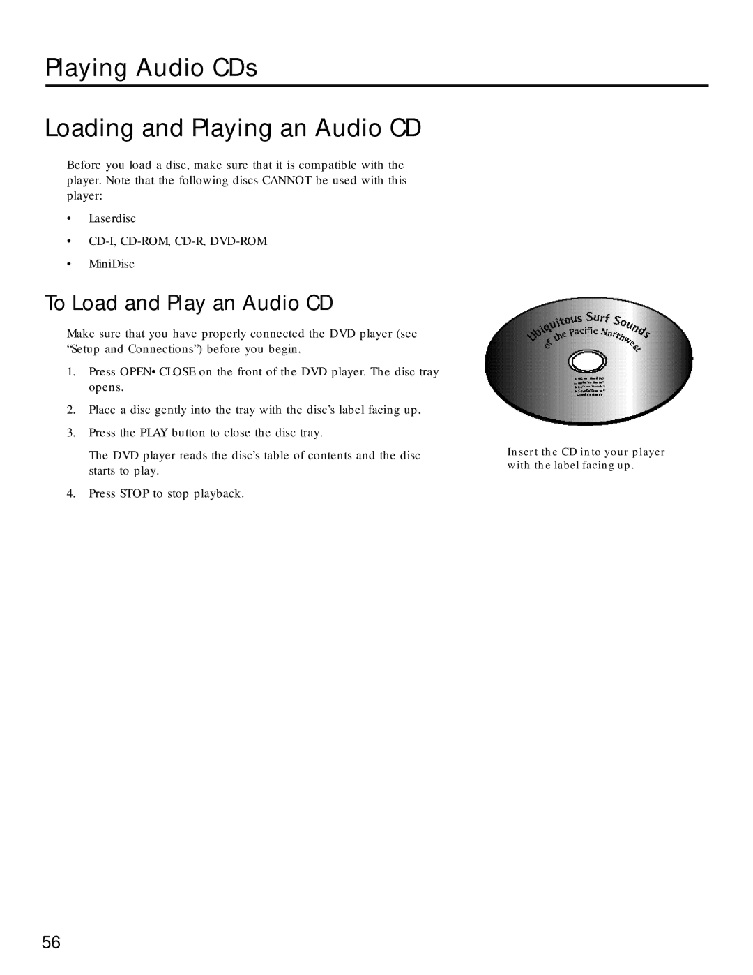 RCA RC5220P manual Playing Audio CDs Loading and Playing an Audio CD, To Load and Play an Audio CD 