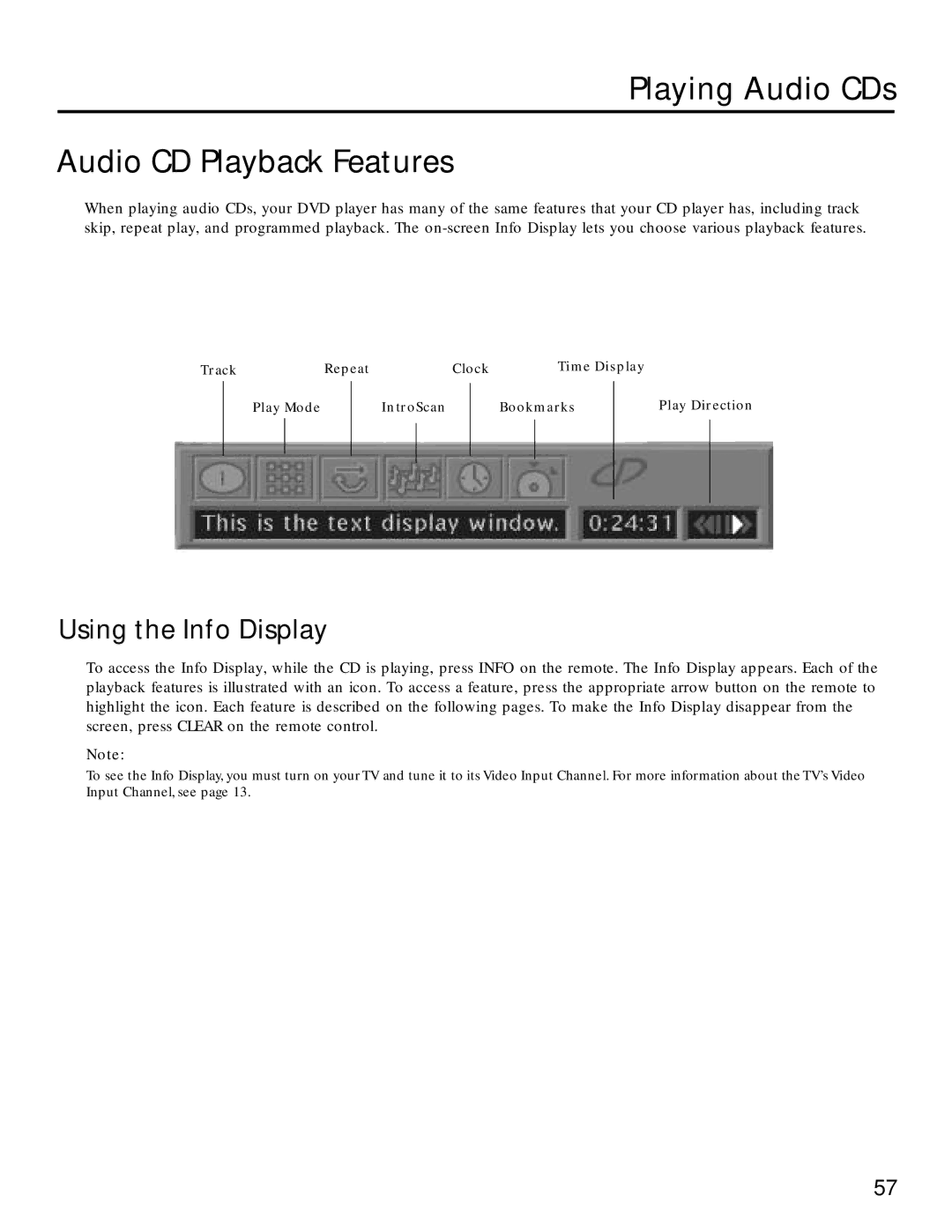 RCA RC5220P manual Playing Audio CDs Audio CD Playback Features, Using the Info Display 