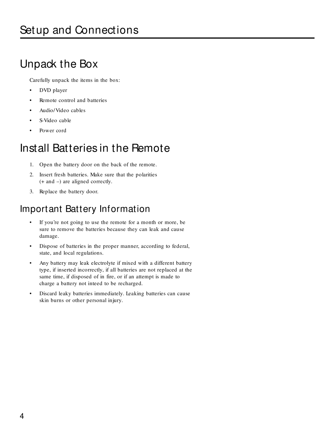 RCA RC5220P manual Setup and Connections Unpack the Box, Install Batteries in the Remote, Important Battery Information 