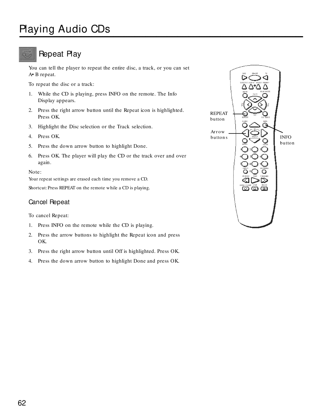 RCA RC5220P manual Repeat Play, Cancel Repeat 