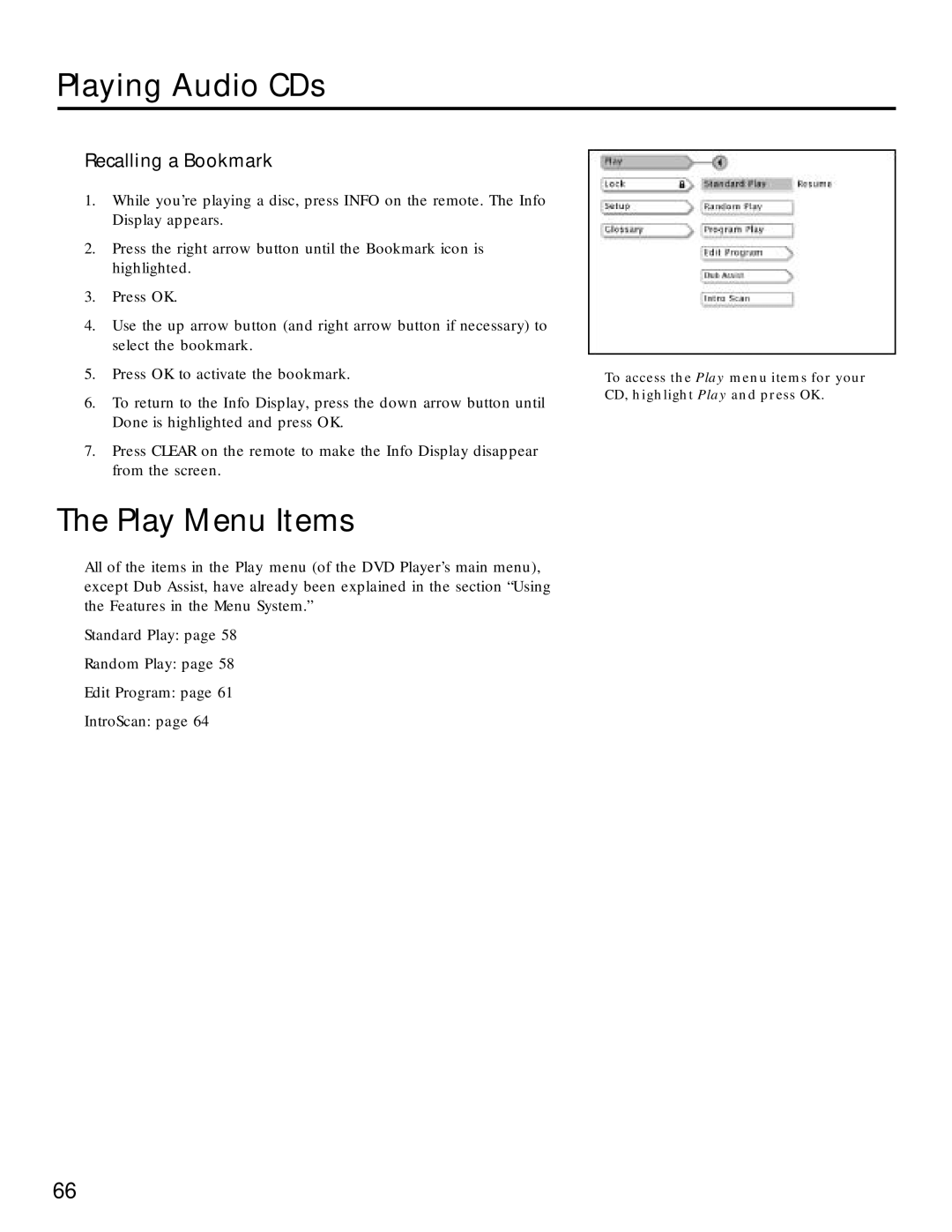 RCA RC5220P manual Play Menu Items, Recalling a Bookmark 