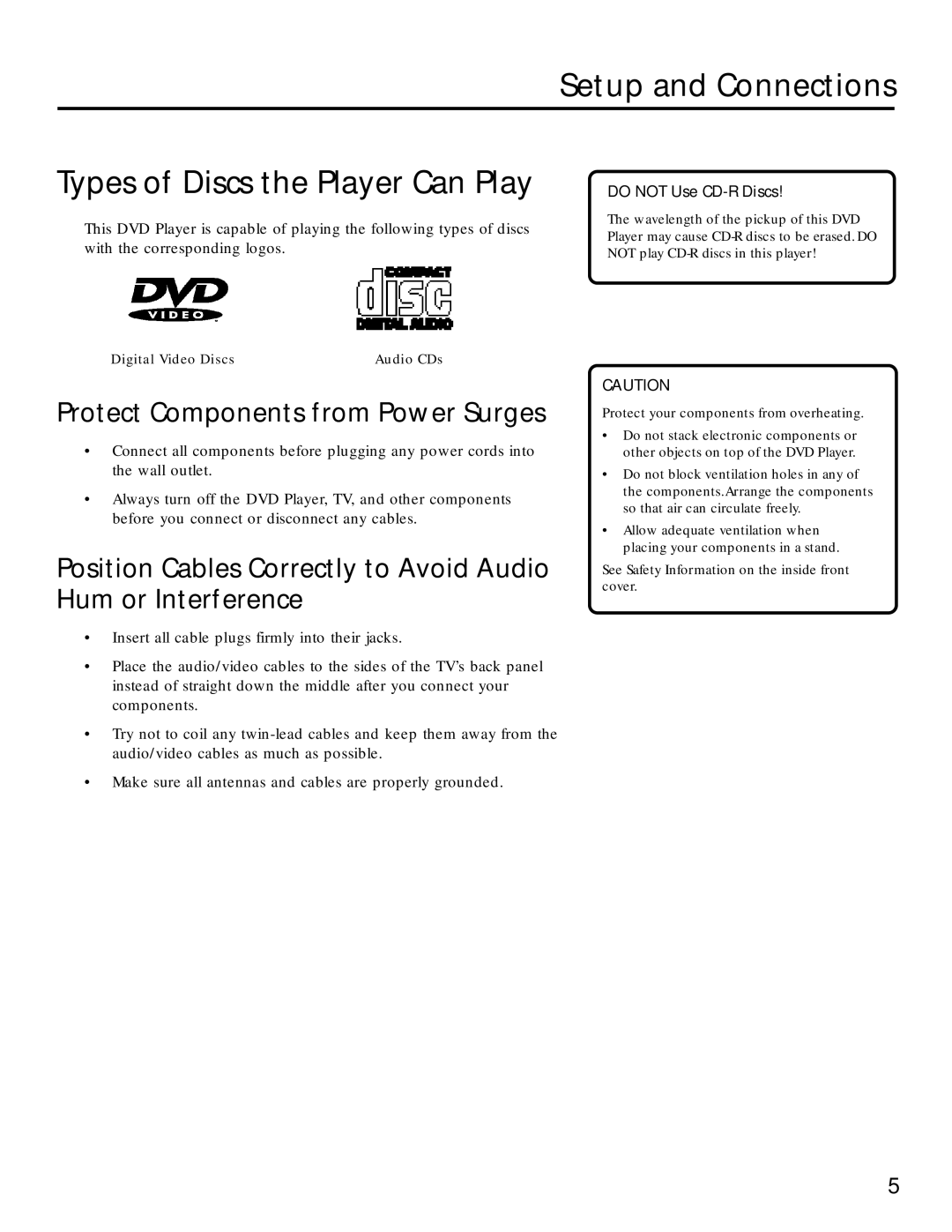 RCA RC5220P manual Setup and Connections Types of Discs the Player Can Play, Protect Components from Power Surges 