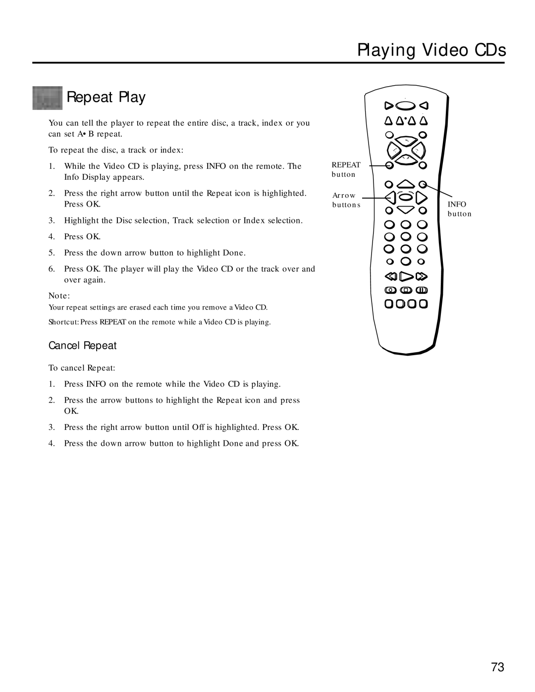 RCA RC5220P manual Repeat Play, Cancel Repeat 