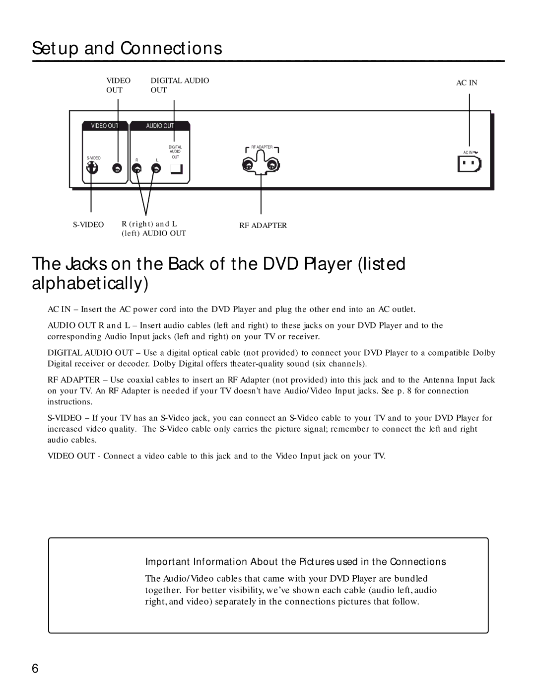 RCA RC5220P manual Setup and Connections, Jacks on the Back of the DVD Player listed alphabetically 