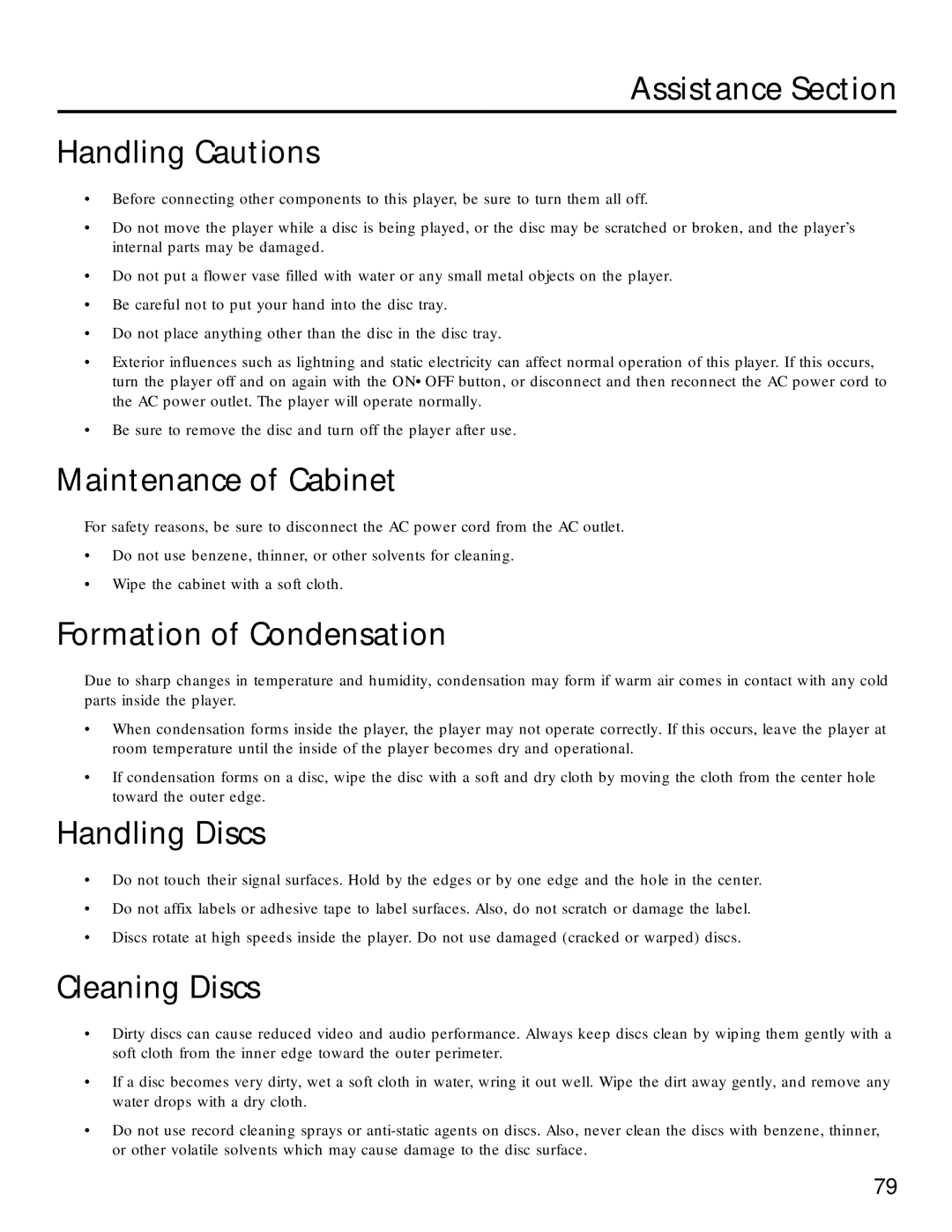 RCA RC5220P manual Assistance Section Handling Cautions, Maintenance of Cabinet, Formation of Condensation, Handling Discs 