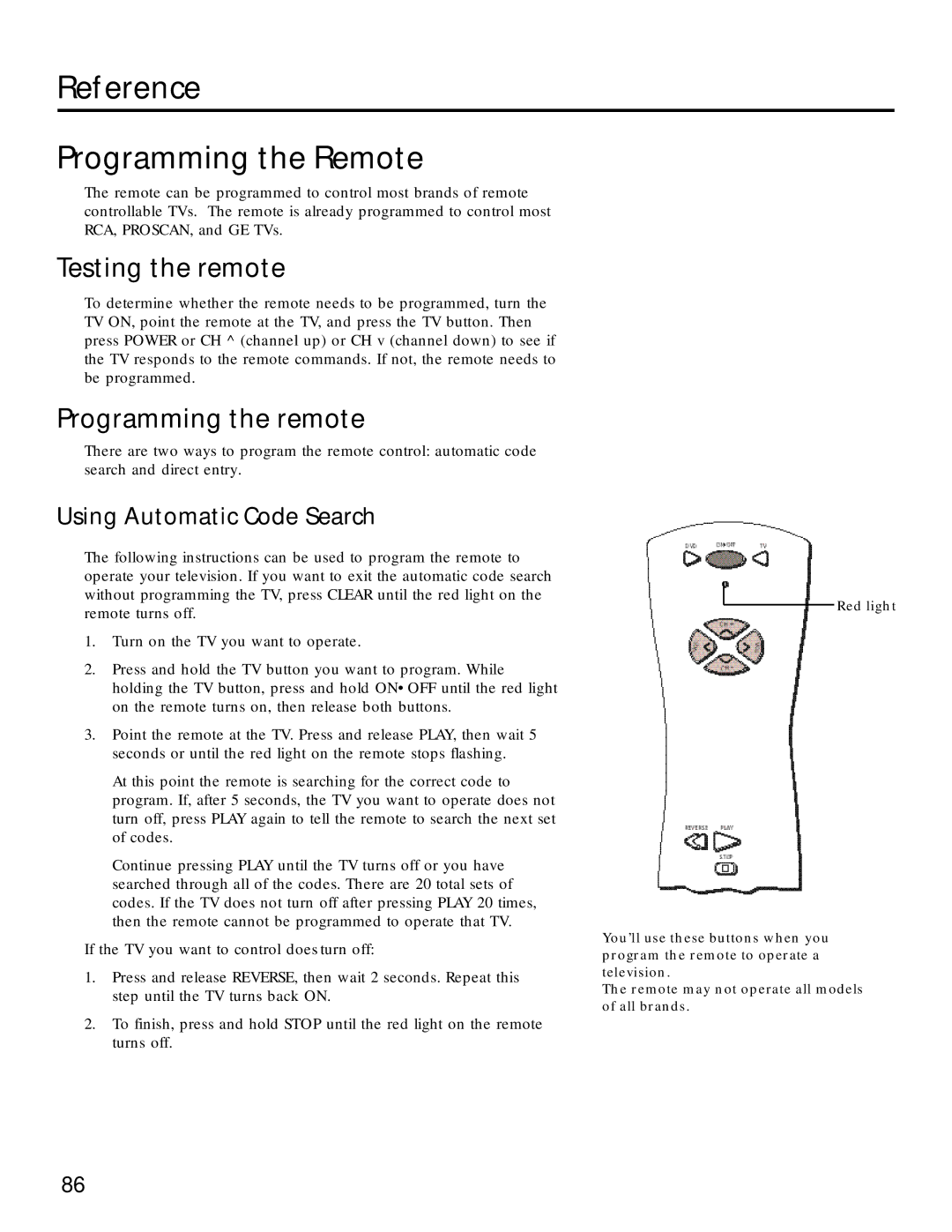 RCA RC5220P Reference Programming the Remote, Testing the remote, Programming the remote, Using Automatic Code Search 