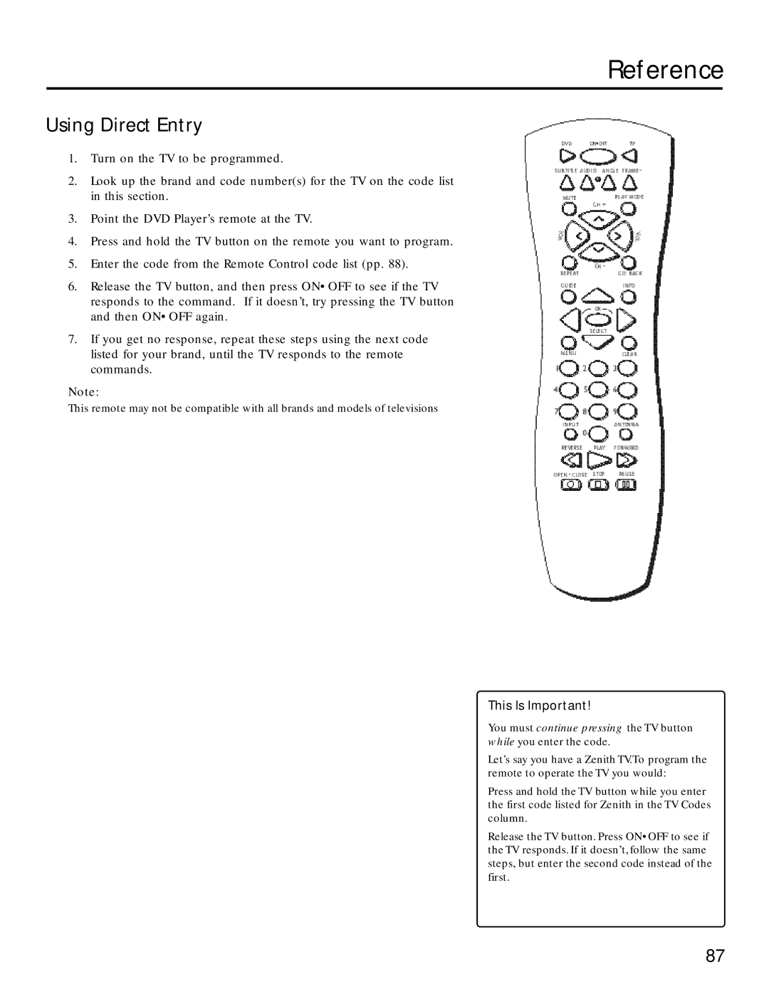 RCA RC5220P manual Reference, Using Direct Entry, This Is Important 