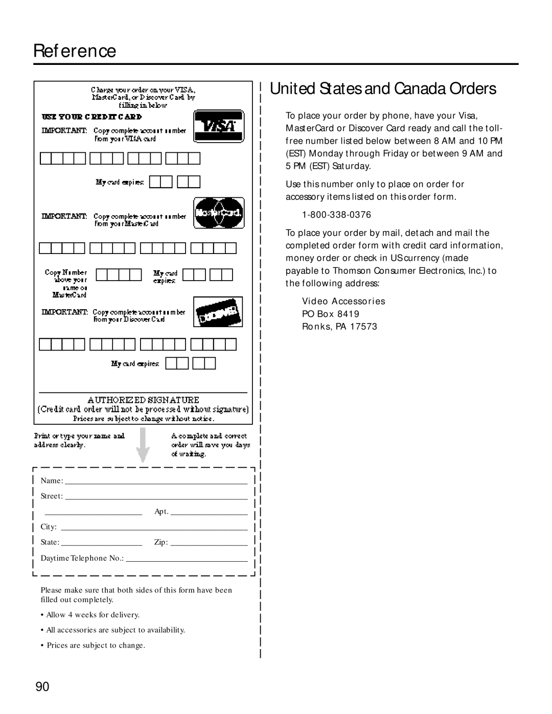 RCA RC5220P manual United States and Canada Orders, Video Accessories PO Box Ronks, PA 