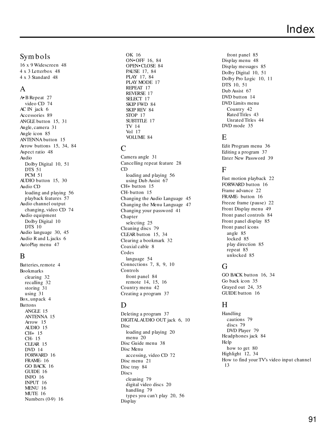 RCA RC5220P manual Index, Symbols 