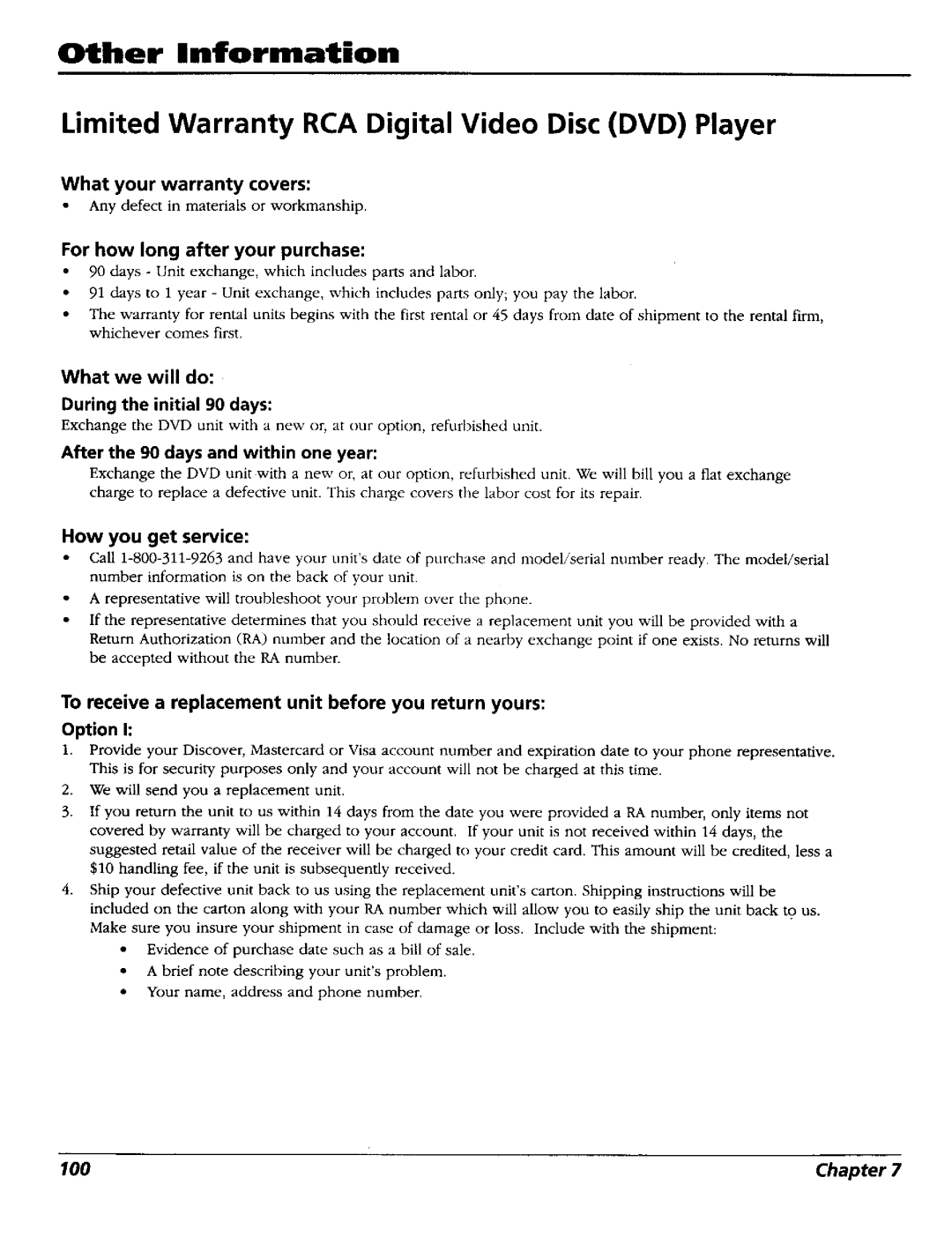 RCA RC5227P user manual What your warranty covers, For how long after your purchase, What we will do, How you get service 