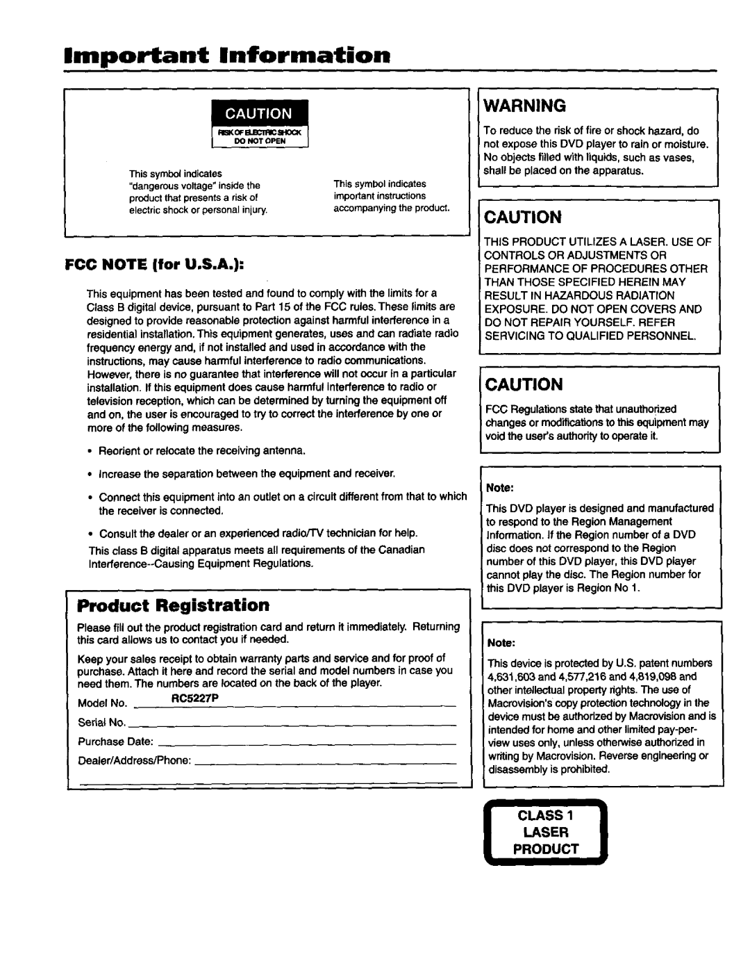 RCA RC5227P user manual Important Information, FCC Note for U.S.A 