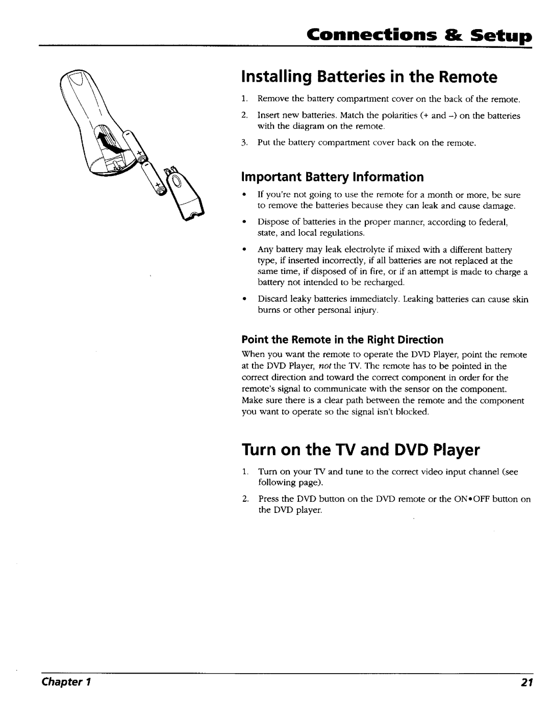 RCA RC5227P user manual Connections & Setup Installing Batteries in the Remote, Turn on the TV and DVD Player 